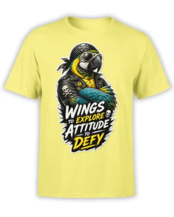 Colorful parrot in sunglasses and pirate gear with bold adventure lettering on a yellow T-shirt