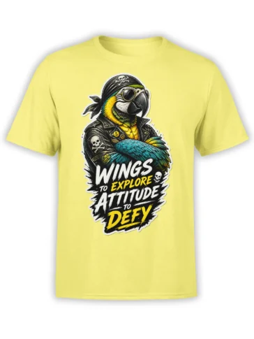 Colorful parrot in sunglasses and pirate gear with bold adventure lettering on a yellow T-shirt