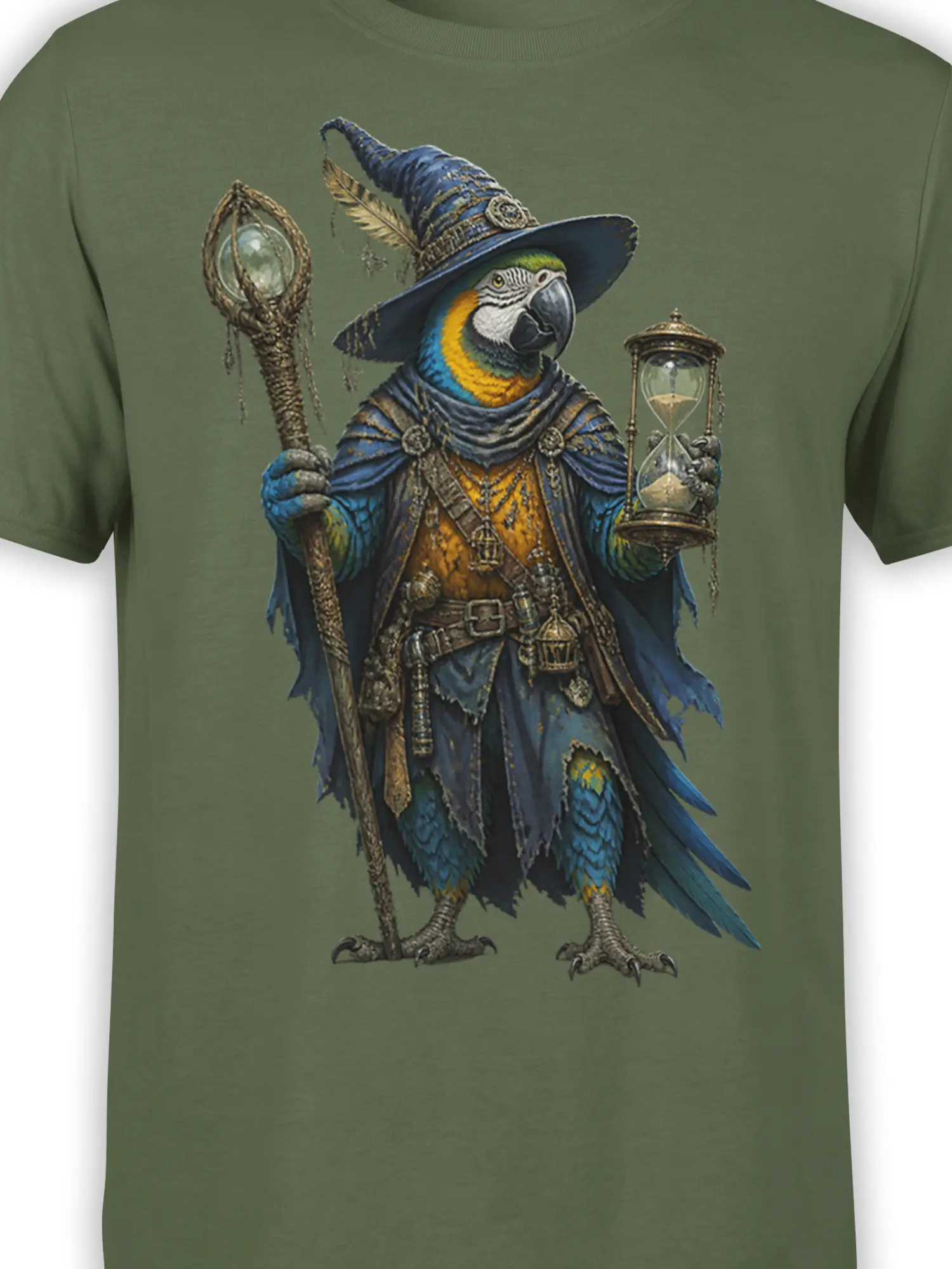 Close-up of the parrot wizard artwork with blue feathers, wizard hat, staff, and hourglass on green