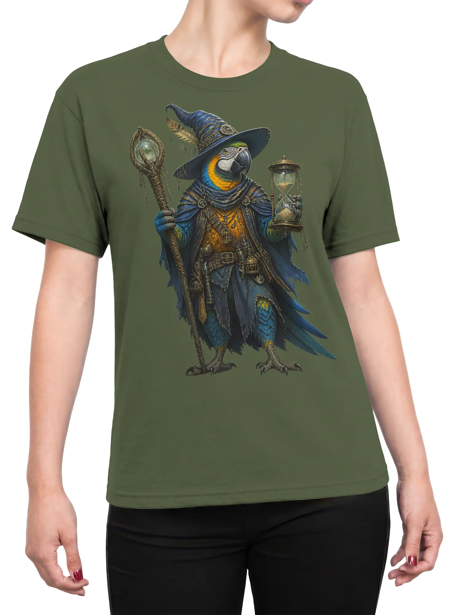 Female torso wearing a green T-shirt with a detailed fantasy parrot wizard and hourglass design