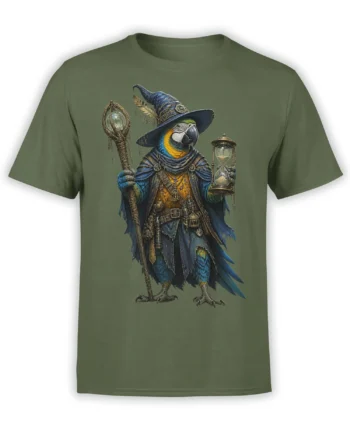 Fantasy parrot wizard holding a crystal staff and hourglass on a green T-shirt