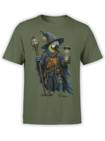 Fantasy parrot wizard holding a crystal staff and hourglass on a green T-shirt