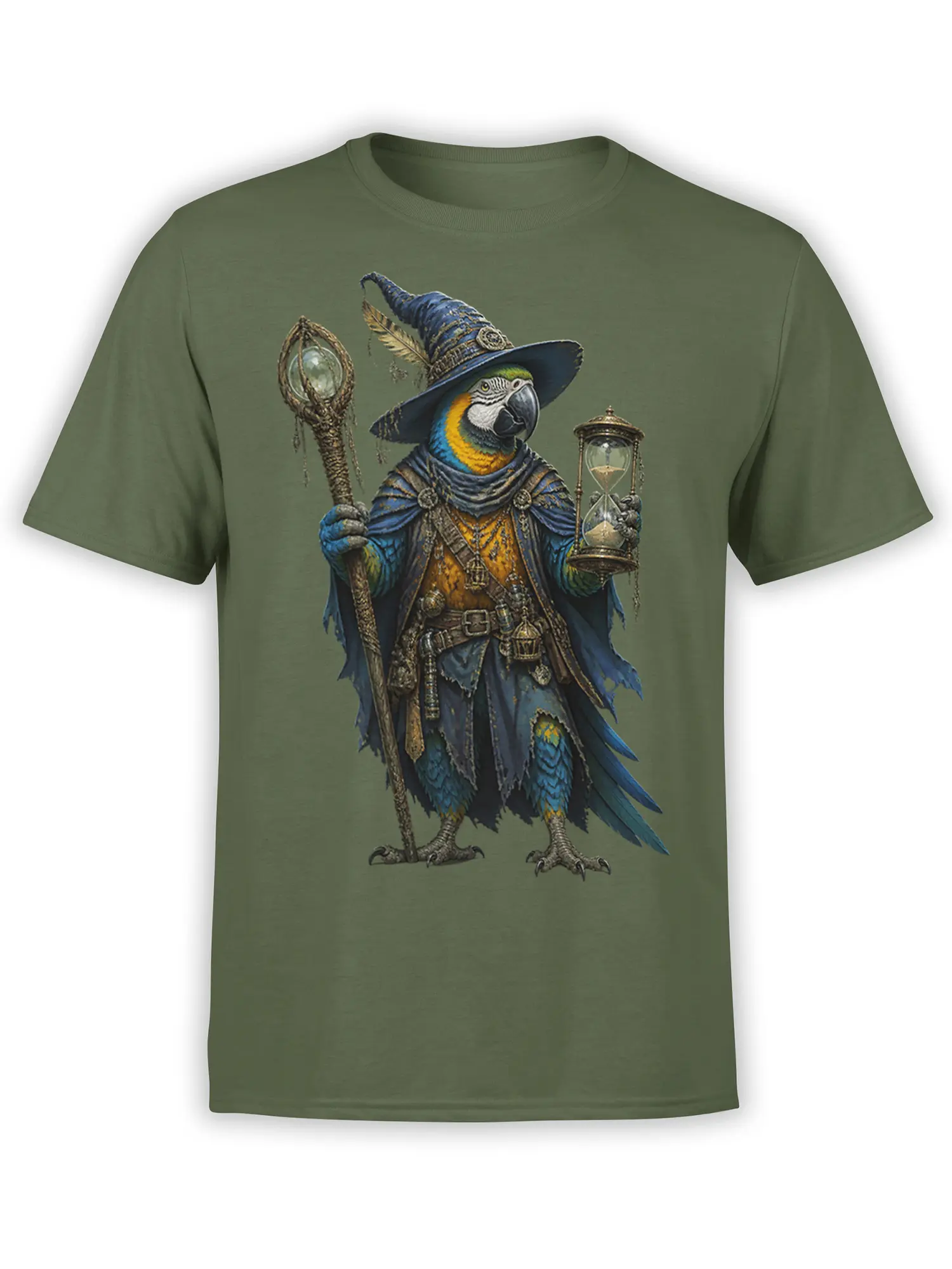 Fantasy parrot wizard holding a crystal staff and hourglass on a green T-shirt