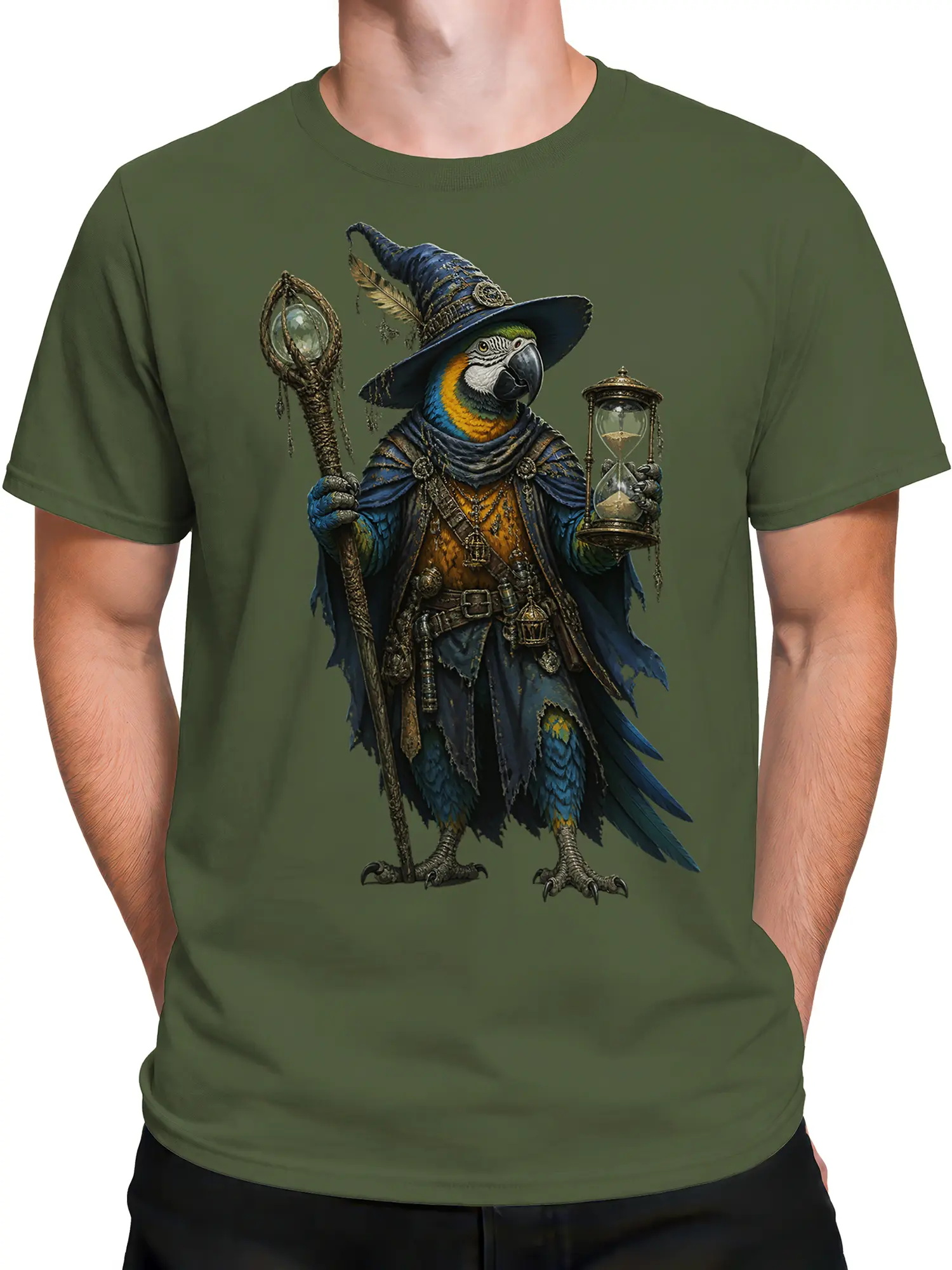 Male torso wearing a green T-shirt with a fantasy parrot wizard holding a staff and hourglass