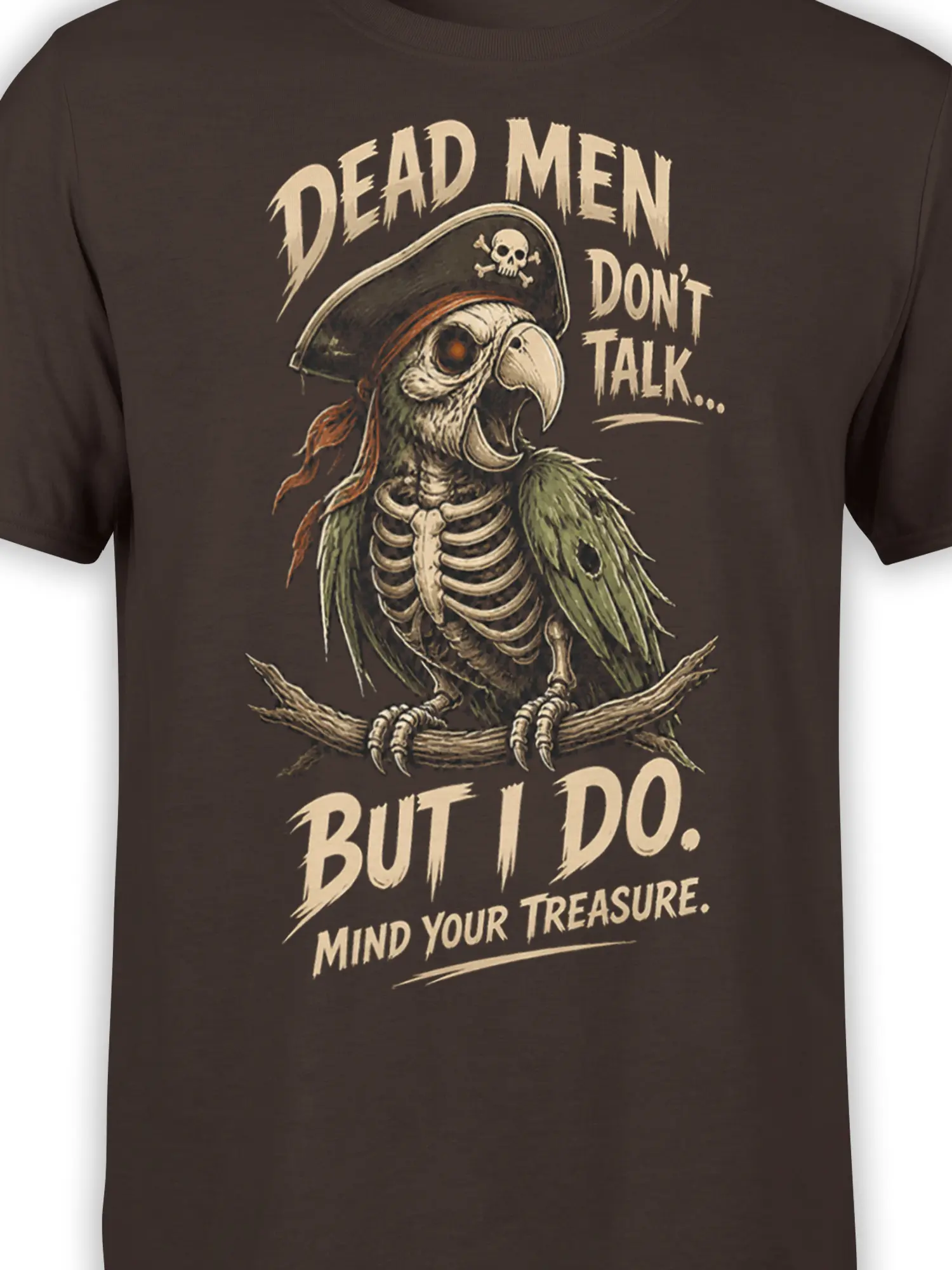 Close-up of pirate parrot artwork with a skull hat, exposed skeleton, and distressed lettering on brown fabric