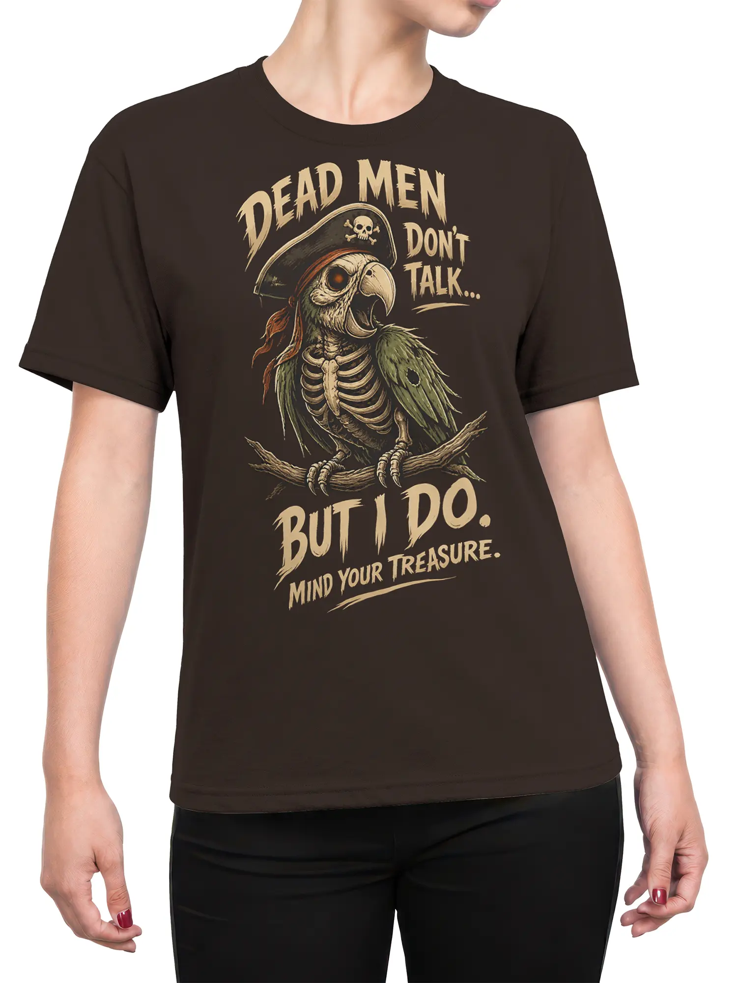Female torso wearing a brown T-shirt with a sarcastic pirate parrot skeleton design and treasure warning