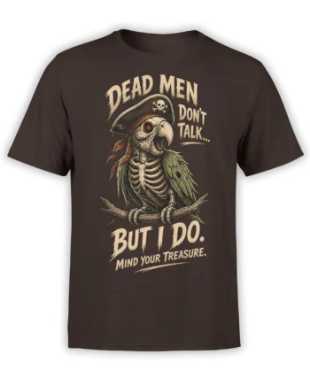 Brown T-shirt featuring a vintage pirate parrot with skeleton details and the text “Mind Your Treasure”