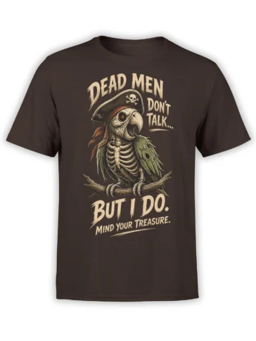 Brown T-shirt featuring a vintage pirate parrot with skeleton details and the text “Mind Your Treasure”
