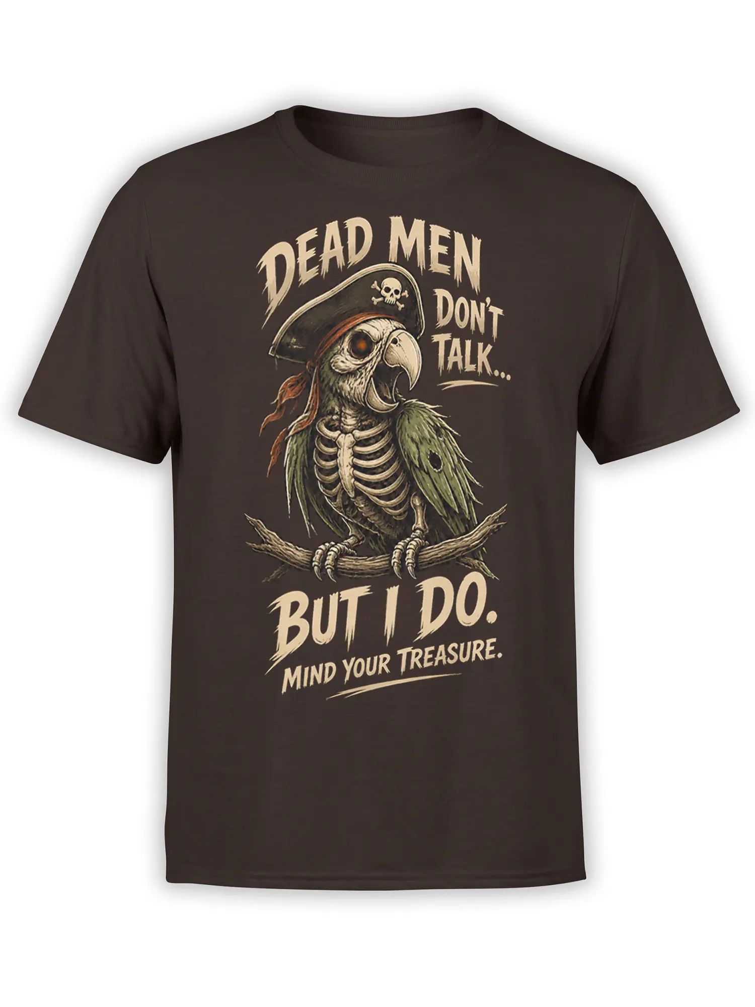 Brown T-shirt featuring a vintage pirate parrot with skeleton details and the text “Mind Your Treasure”
