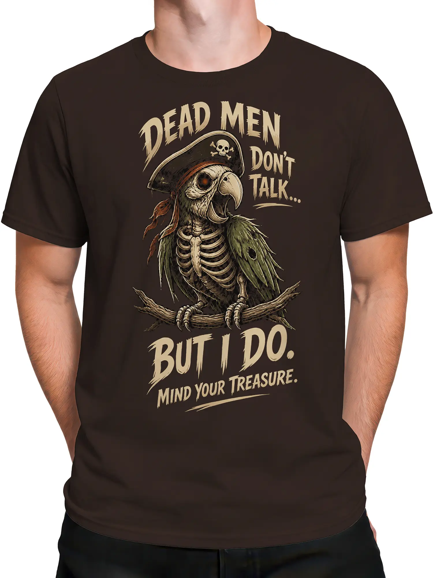 Male torso wearing a brown T-shirt with a vintage pirate parrot skeleton graphic and sarcastic text