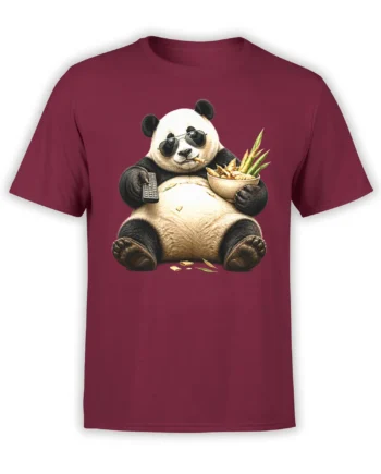 Relaxed panda in sunglasses holding a remote, bowl of food, and cigarillo on a burgundy T-shirt