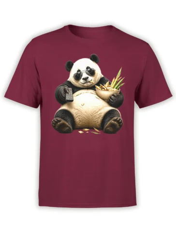 Relaxed panda in sunglasses holding a remote, bowl of food, and cigarillo on a burgundy T-shirt