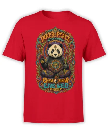 Red panda T-shirt with meditating panda, bamboo, peace gesture, and colorful Inner Peace artwork