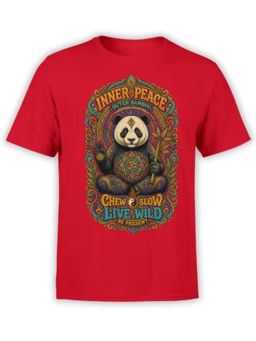 Red panda T-shirt with meditating panda, bamboo, peace gesture, and colorful Inner Peace artwork