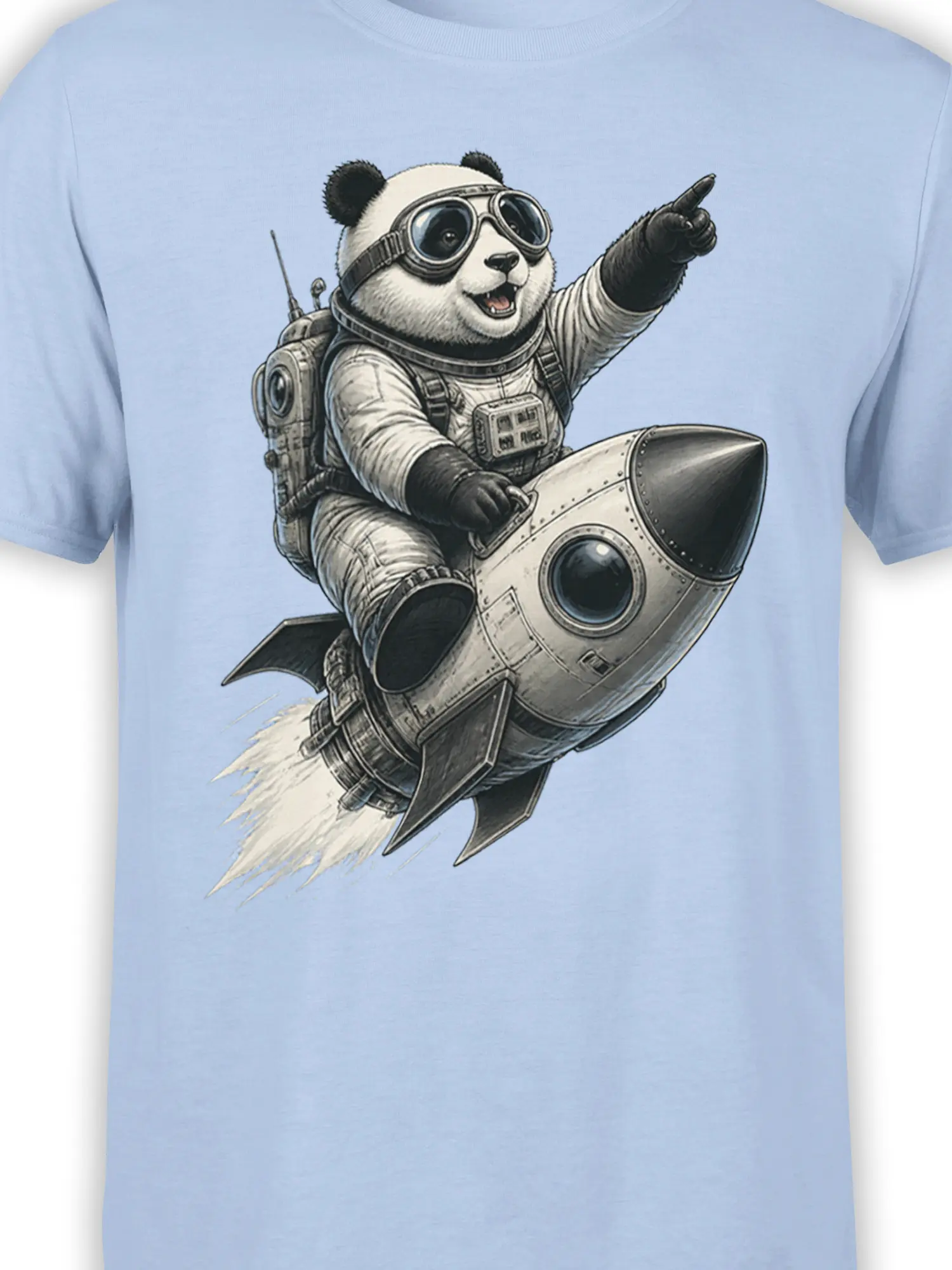 Close-up of panda astronaut artwork on a light blue rocket graphic T-shirt