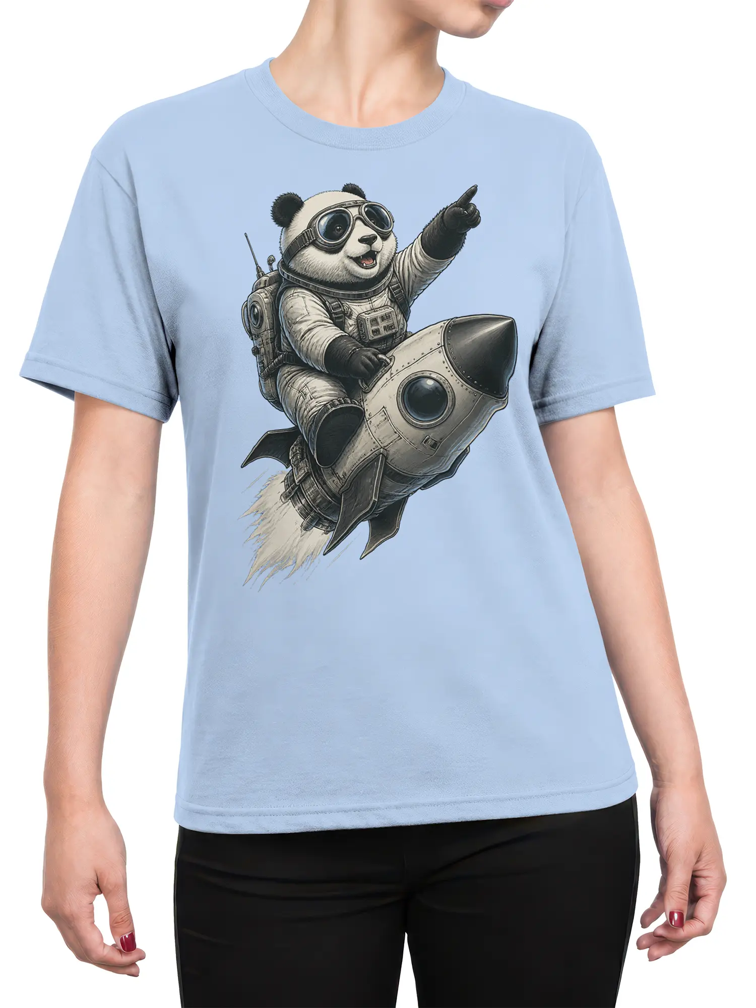 Female torso wearing a light blue T-shirt with a panda astronaut riding a rocket