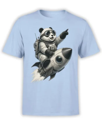 Light blue T-shirt with a panda astronaut riding a rocket and pointing toward space
