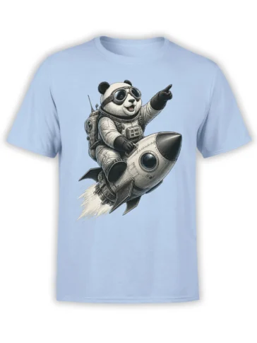 Light blue T-shirt with a panda astronaut riding a rocket and pointing toward space