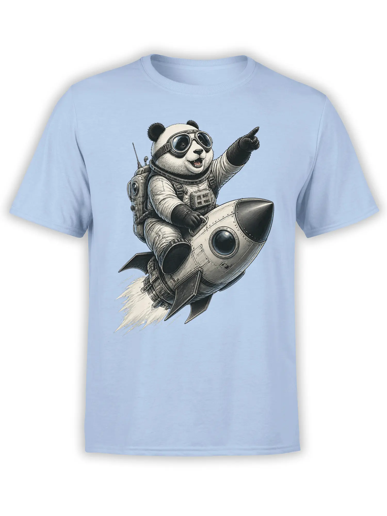 Light blue T-shirt with a panda astronaut riding a rocket and pointing toward space
