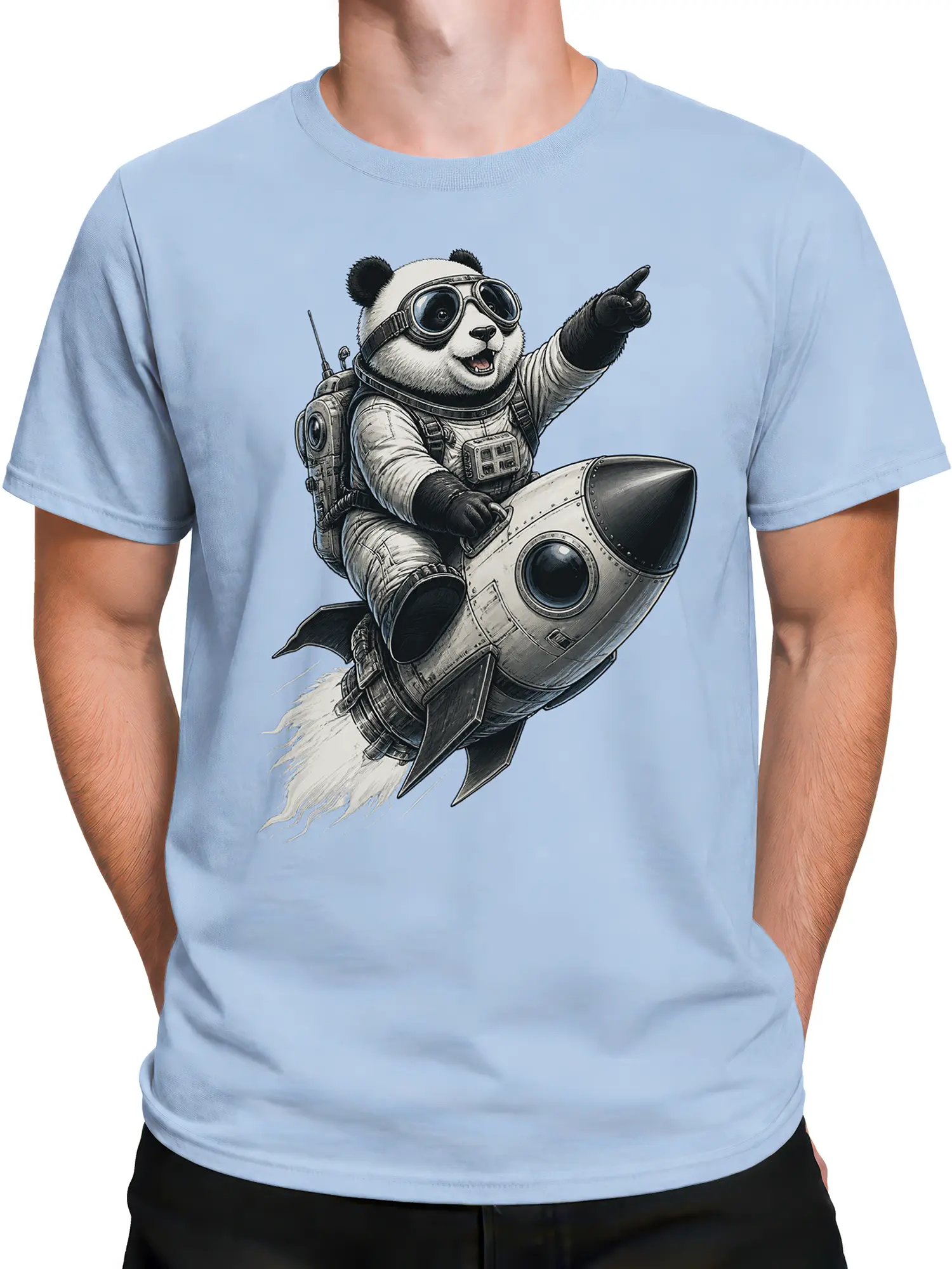 Male torso wearing a light blue panda astronaut rocket graphic T-shirt