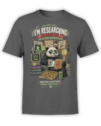 Gray T-shirt with a curious panda researching alien bamboo, UFO clues, books, pizza, and the phrase Question Everything
