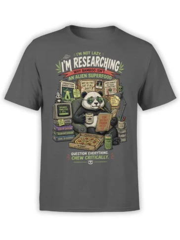 Gray T-shirt with a curious panda researching alien bamboo, UFO clues, books, pizza, and the phrase Question Everything