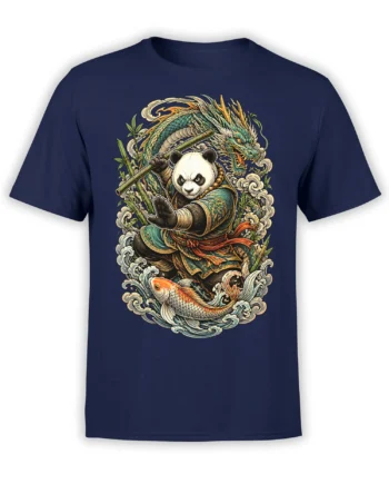 Front view of a navy panda warrior T-shirt with dragon, koi fish, bamboo, and swirling waves