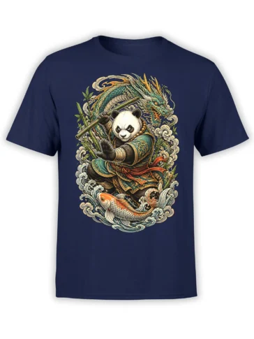 Front view of a navy panda warrior T-shirt with dragon, koi fish, bamboo, and swirling waves