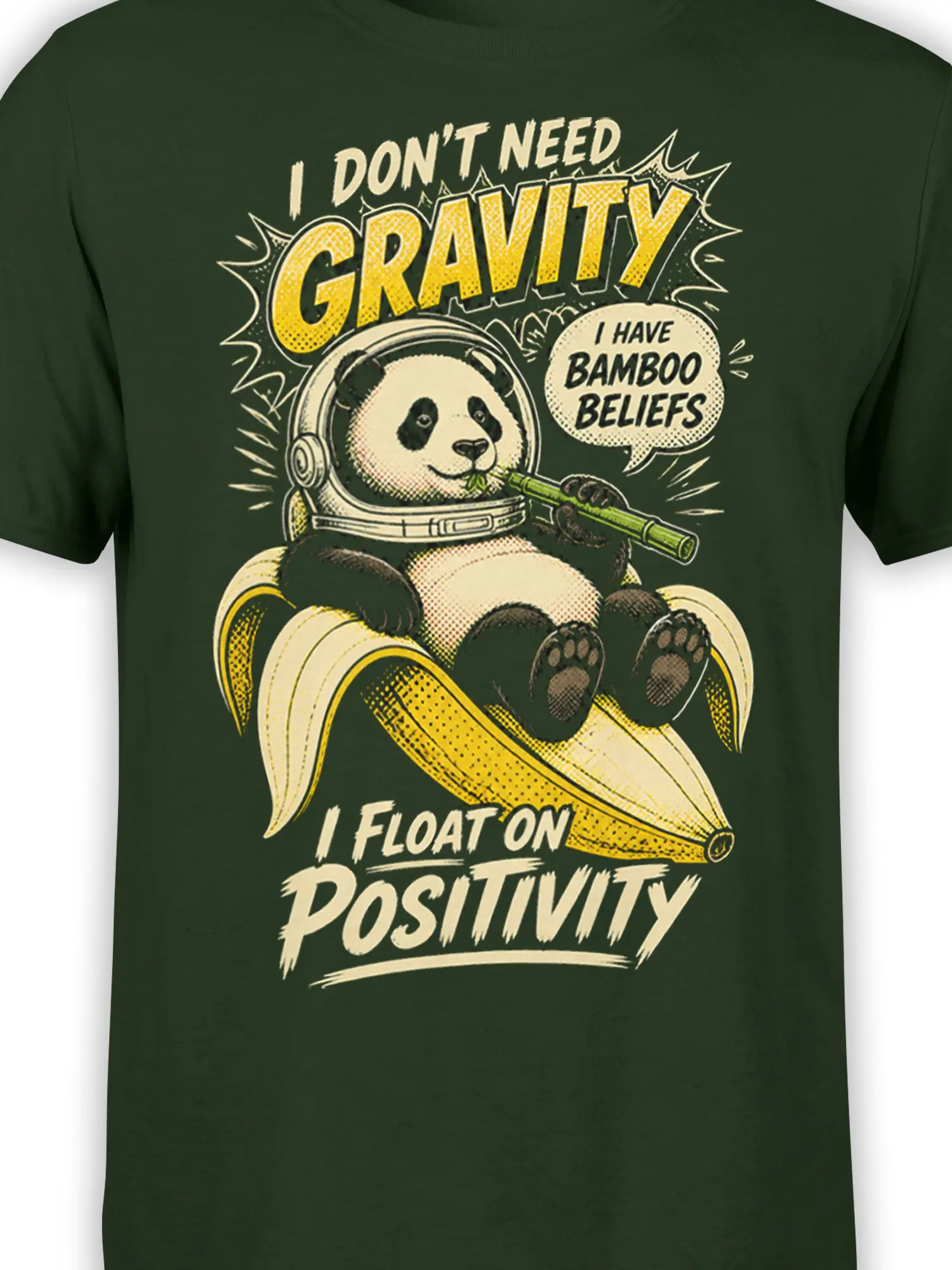 Close-up of panda in a space helmet holding bamboo on a green graphic T-shirt