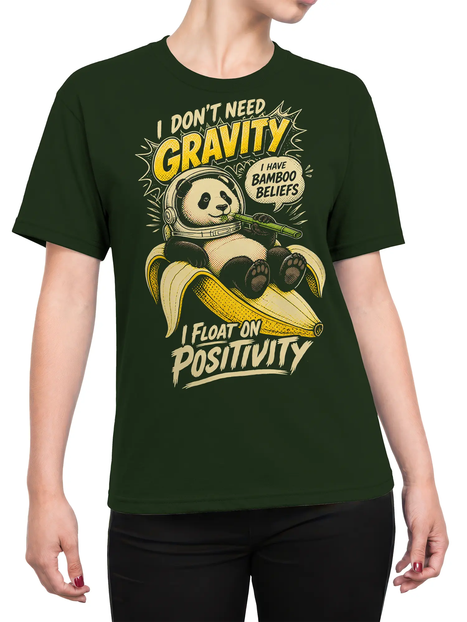 Female torso wearing a green panda space T-shirt with bamboo and positive vintage artwork