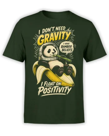 Green panda space T-shirt with bamboo, bananas, and the message I Float on Positivity