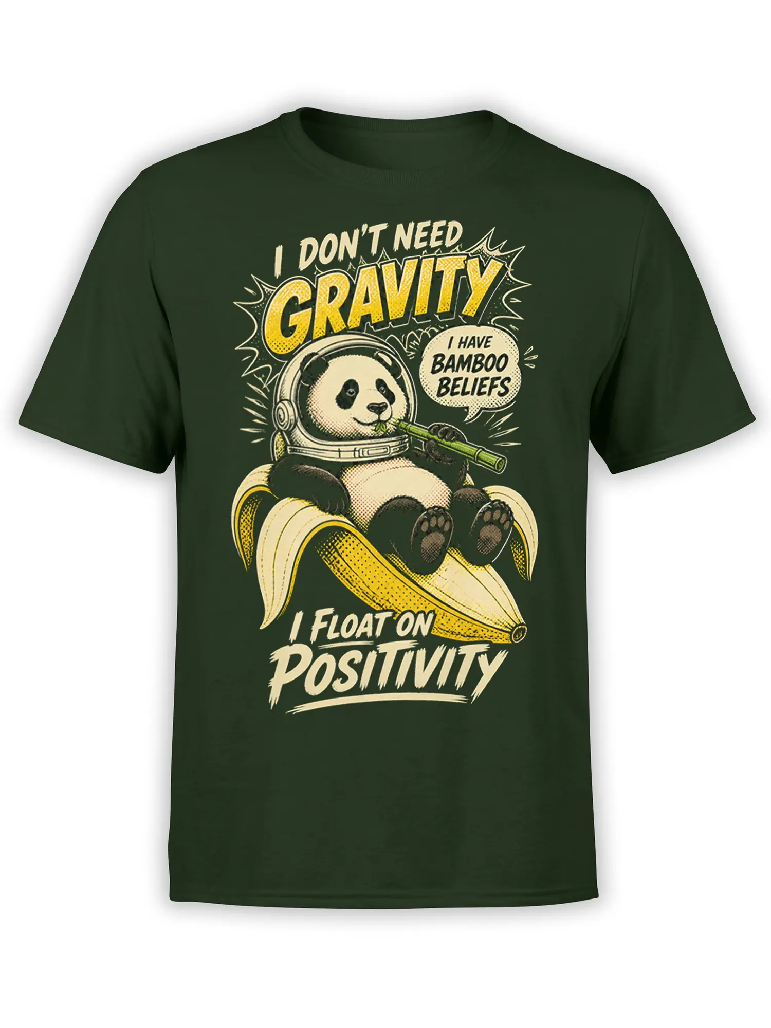 Green panda space T-shirt with bamboo, bananas, and the message I Float on Positivity