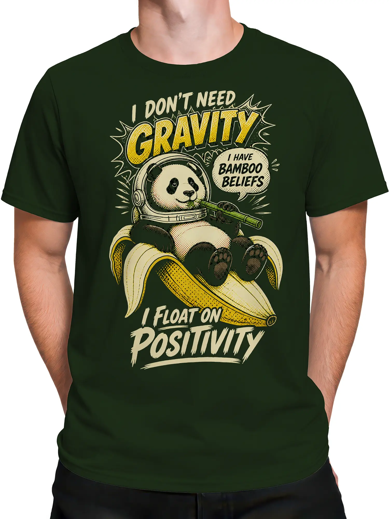 Male torso wearing a green panda graphic T-shirt with bamboo and retro space artwork