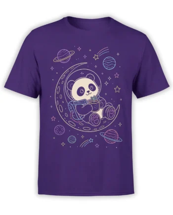 Purple T-shirt with a cute panda space explorer holding a potted sprout among colorful planets and stars