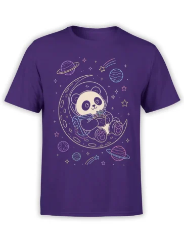 Purple T-shirt with a cute panda space explorer holding a potted sprout among colorful planets and stars
