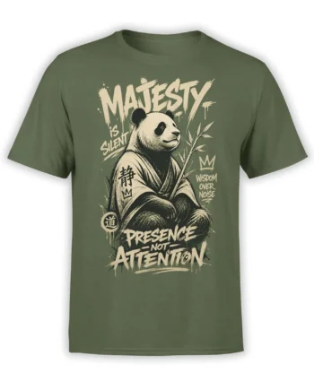 Olive green T-shirt with seated panda, bamboo branch, and cream lettering reading Wisdom Over Noise