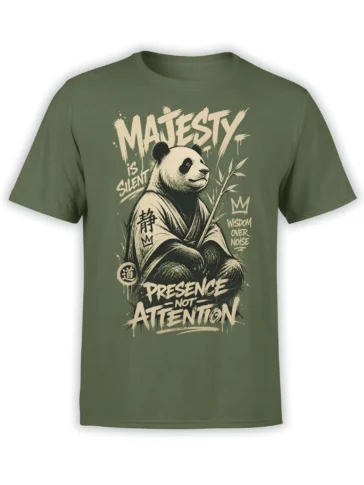 Olive green T-shirt with seated panda, bamboo branch, and cream lettering reading Wisdom Over Noise