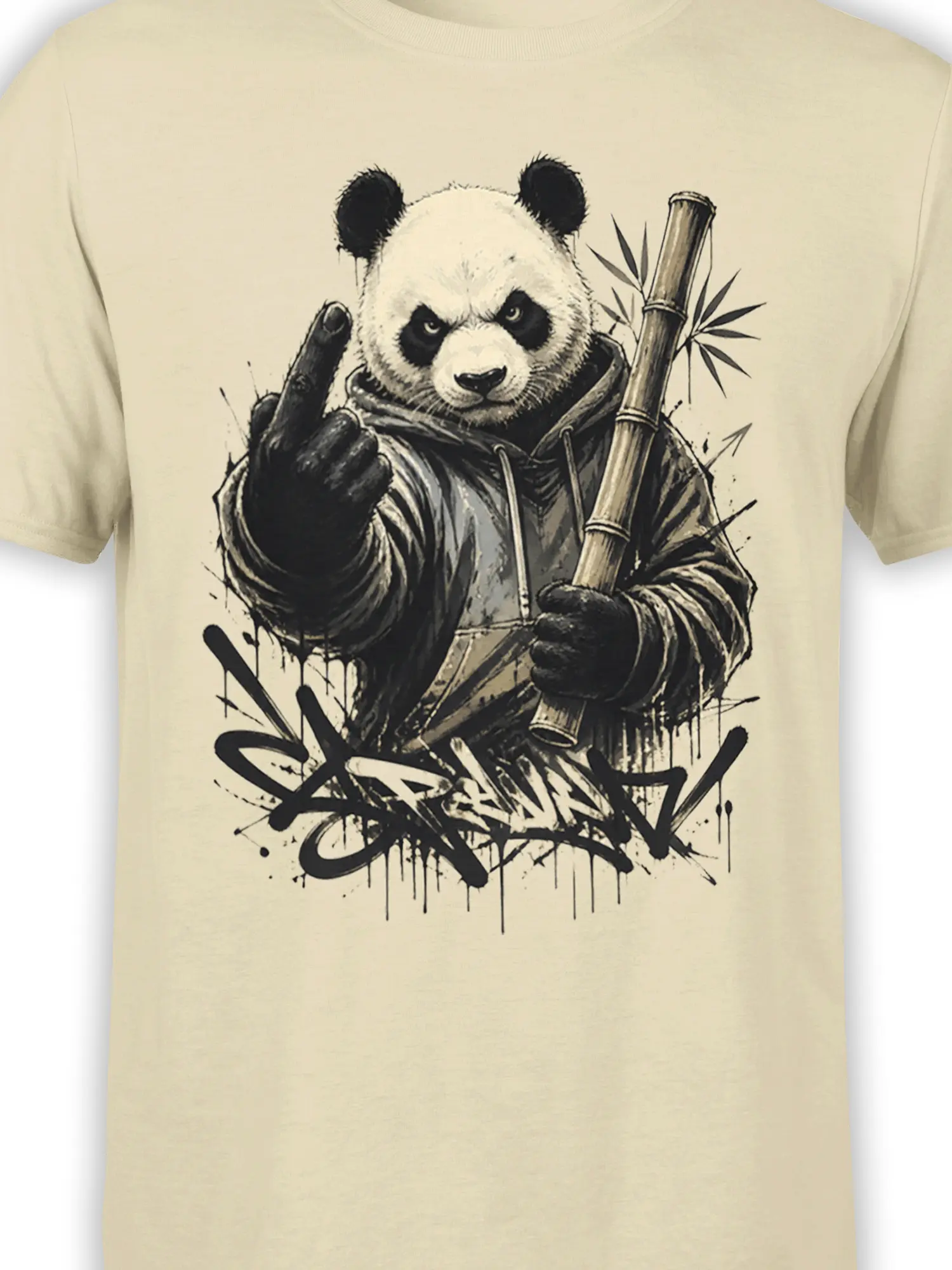 Close-up of a hooded panda holding bamboo with graffiti details and a rude gesture on a beige shirt