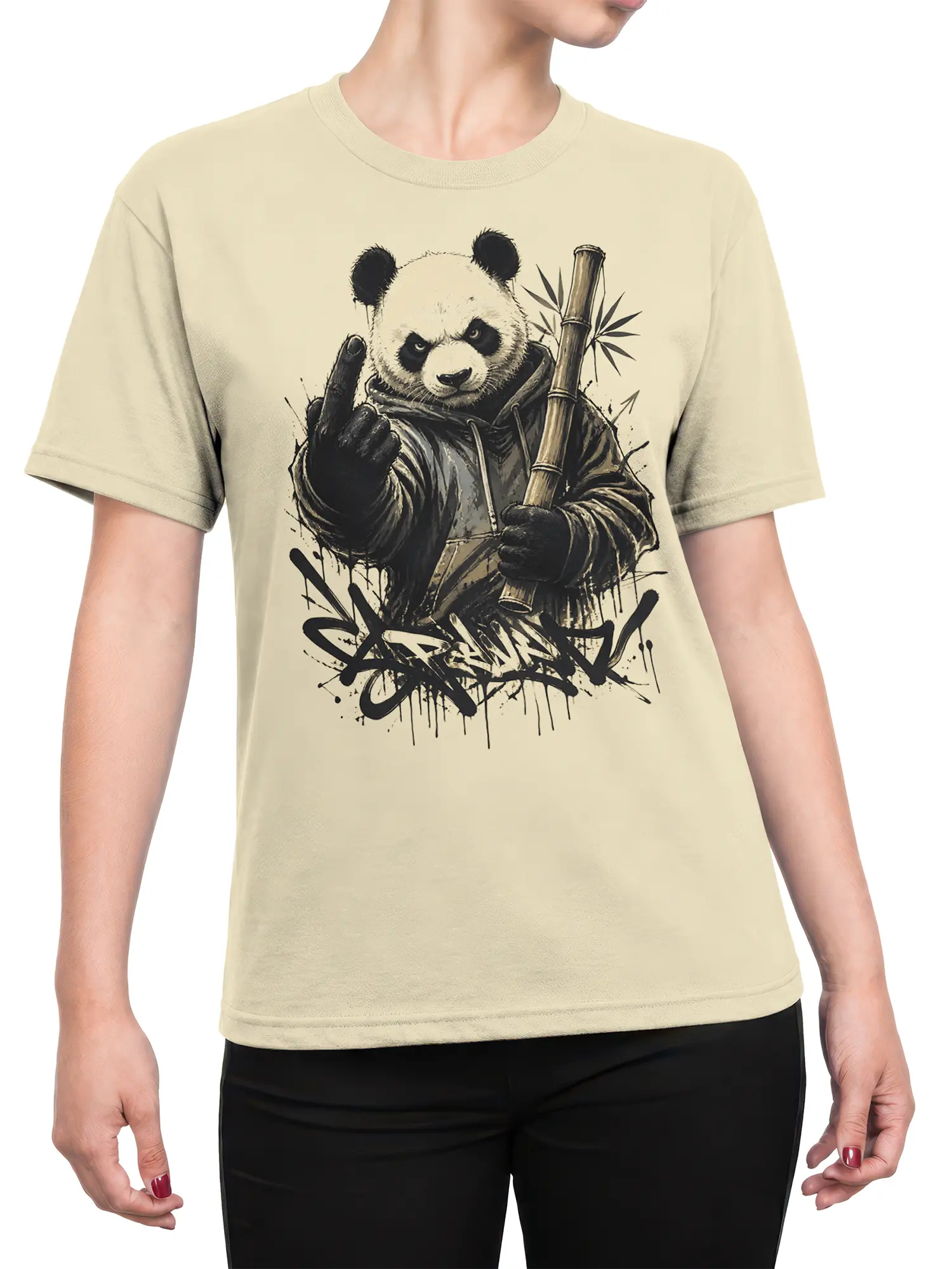 Female torso wearing a beige panda T-shirt with bamboo, graffiti lettering, and rebellious street-art artwork