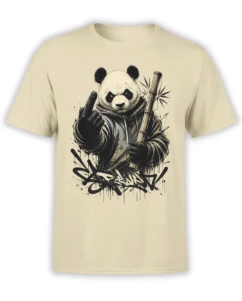 Rebellious black-and-white panda holding bamboo and making a rude gesture on a beige graphic T-shirt