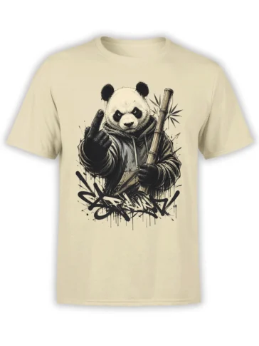 Rebellious black-and-white panda holding bamboo and making a rude gesture on a beige graphic T-shirt