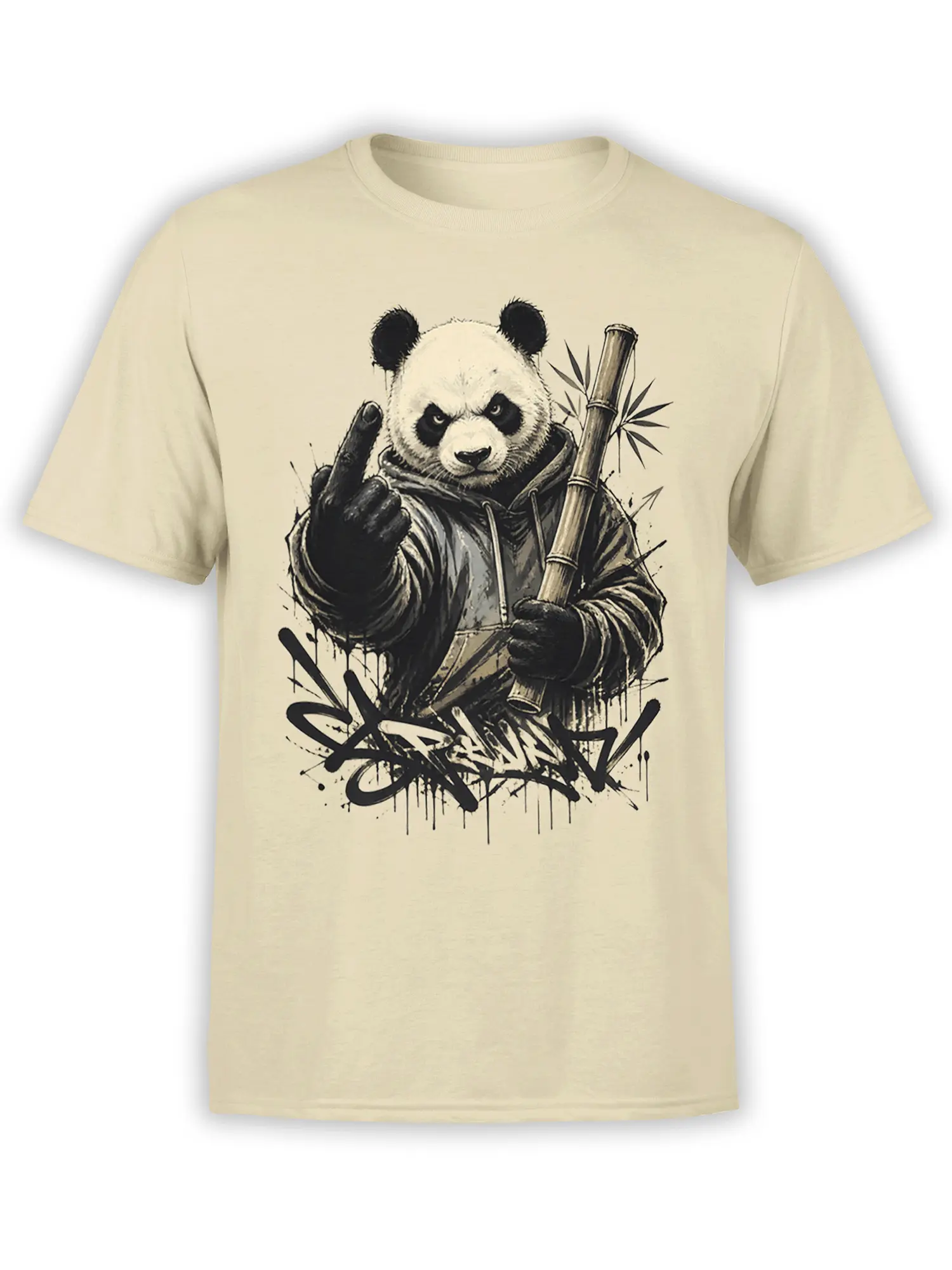 Rebellious black-and-white panda holding bamboo and making a rude gesture on a beige graphic T-shirt