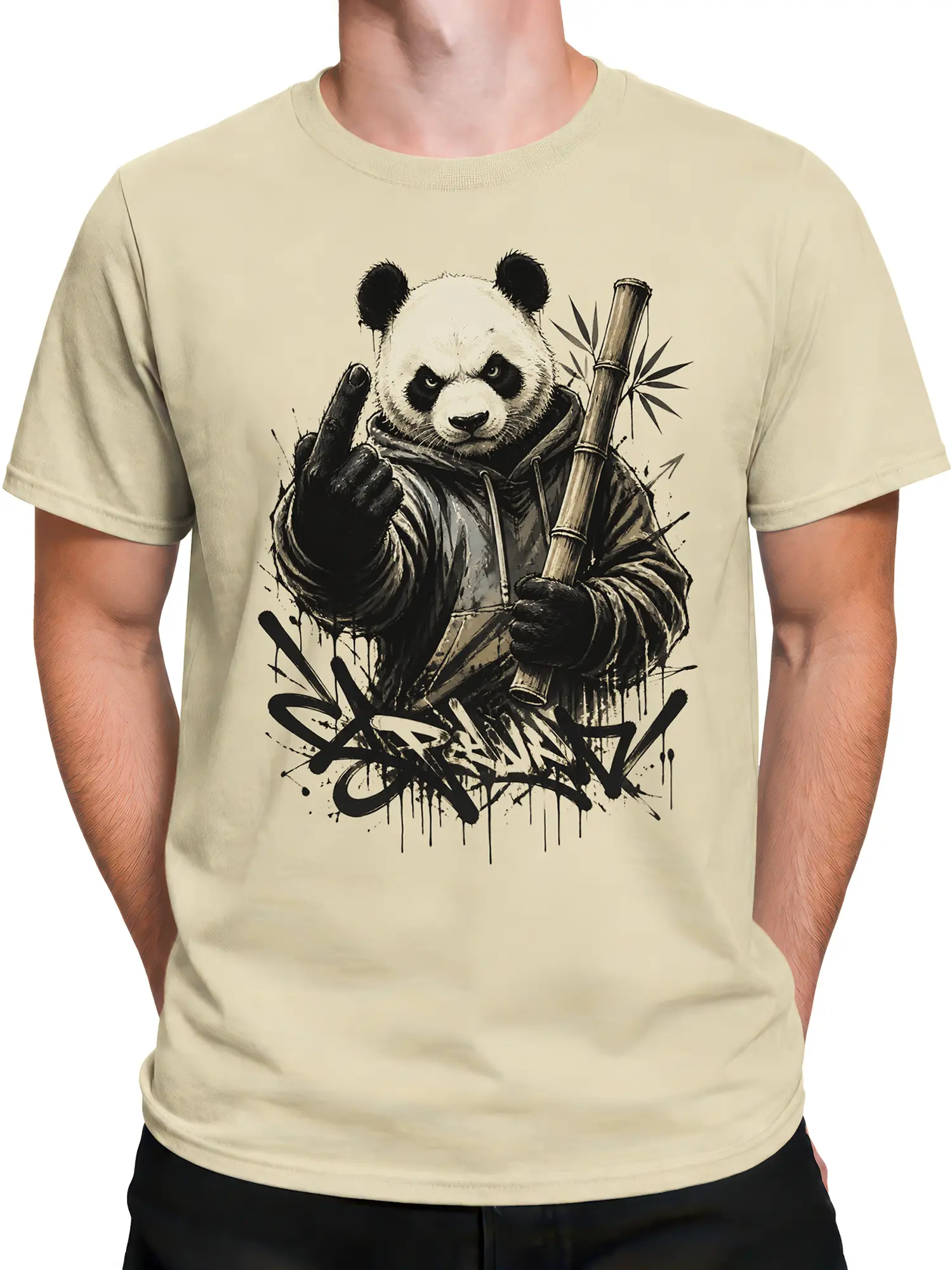 Male torso wearing a beige panda T-shirt with bamboo and bold rebellious graffiti-style artwork
