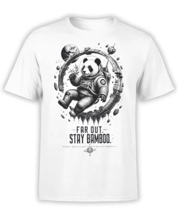 White T-shirt with a black-and-white panda astronaut holding bamboo in a detailed orbital space scene