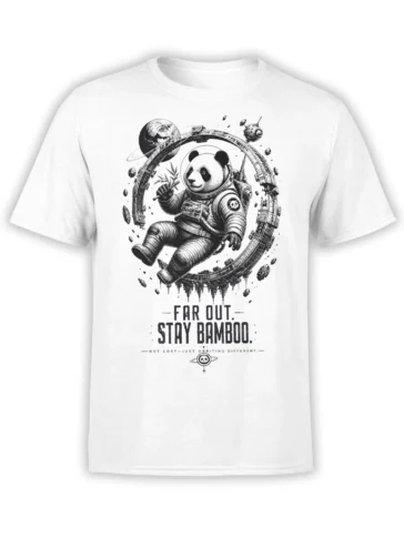 White T-shirt with a black-and-white panda astronaut holding bamboo in a detailed orbital space scene