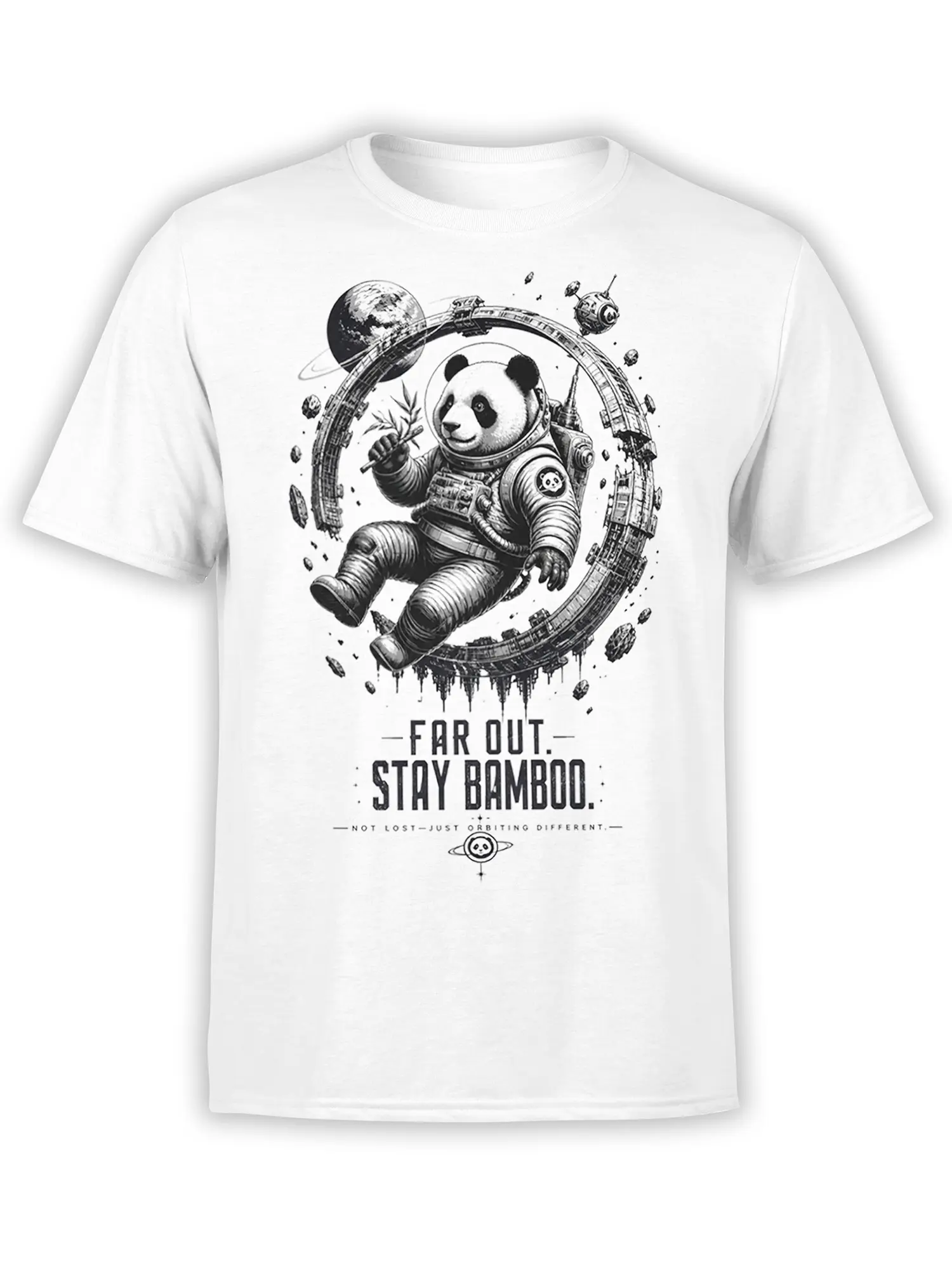White T-shirt with a black-and-white panda astronaut holding bamboo in a detailed orbital space scene