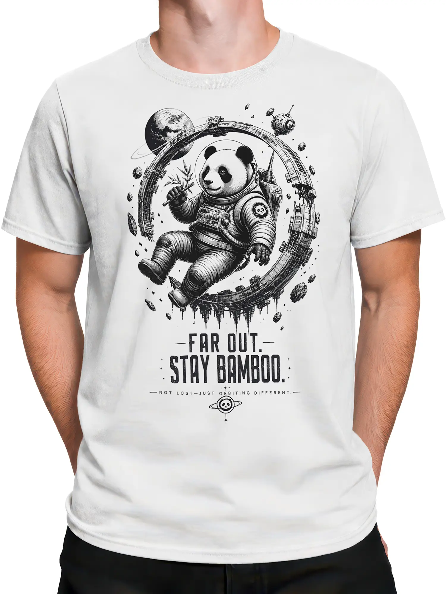 Male torso wearing a white panda astronaut T-shirt with bamboo and orbital space artwork