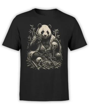 Black T-shirt with a dark panda in a robe, bamboo, skulls, and skeleton artwork