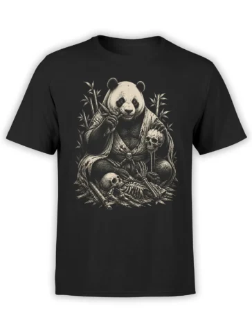Black T-shirt with a dark panda in a robe, bamboo, skulls, and skeleton artwork