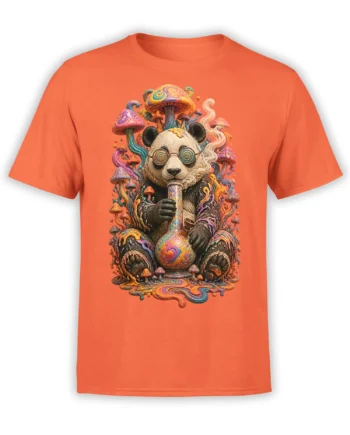 Colorful psychedelic panda with mushrooms and spiral glasses printed on an orange T-shirt